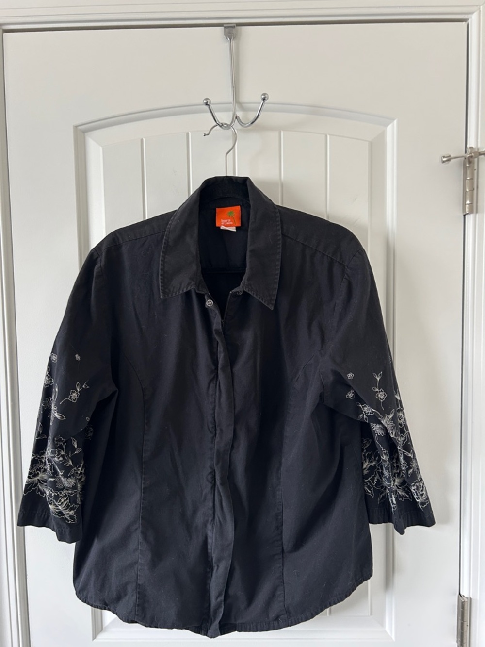 Black Zip-Up Shacket with White Floral Embroidery